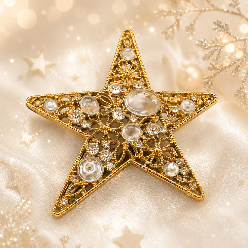 Vintage Adrienne Vittadini Attributed Star Brooch Rhinestone Filigree Celestial